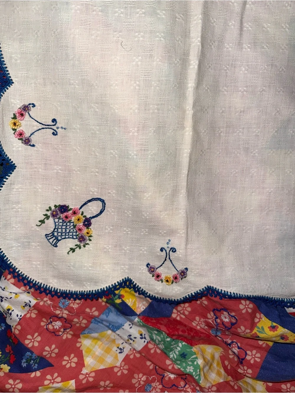 Embroidered White Cotton Tablecloth with Navy Scalloped Edge